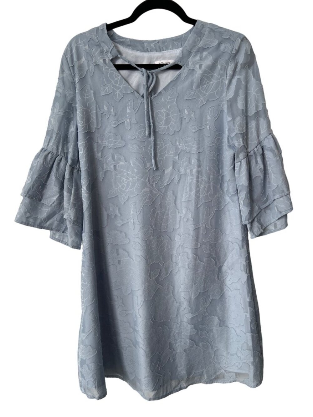 Missky Shift Dress Size Medium Floral Bell Sleeve Tie Neck Light Blue Bohemian